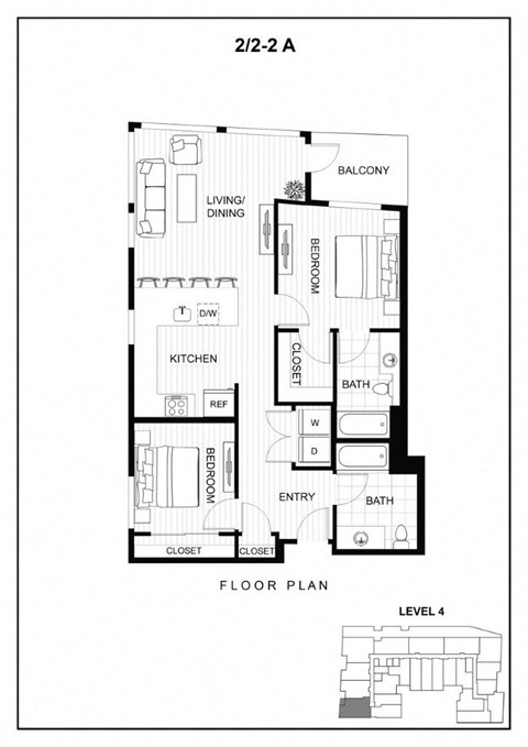 Floor plan for 2 beds, 2 baths, 998 sqft
